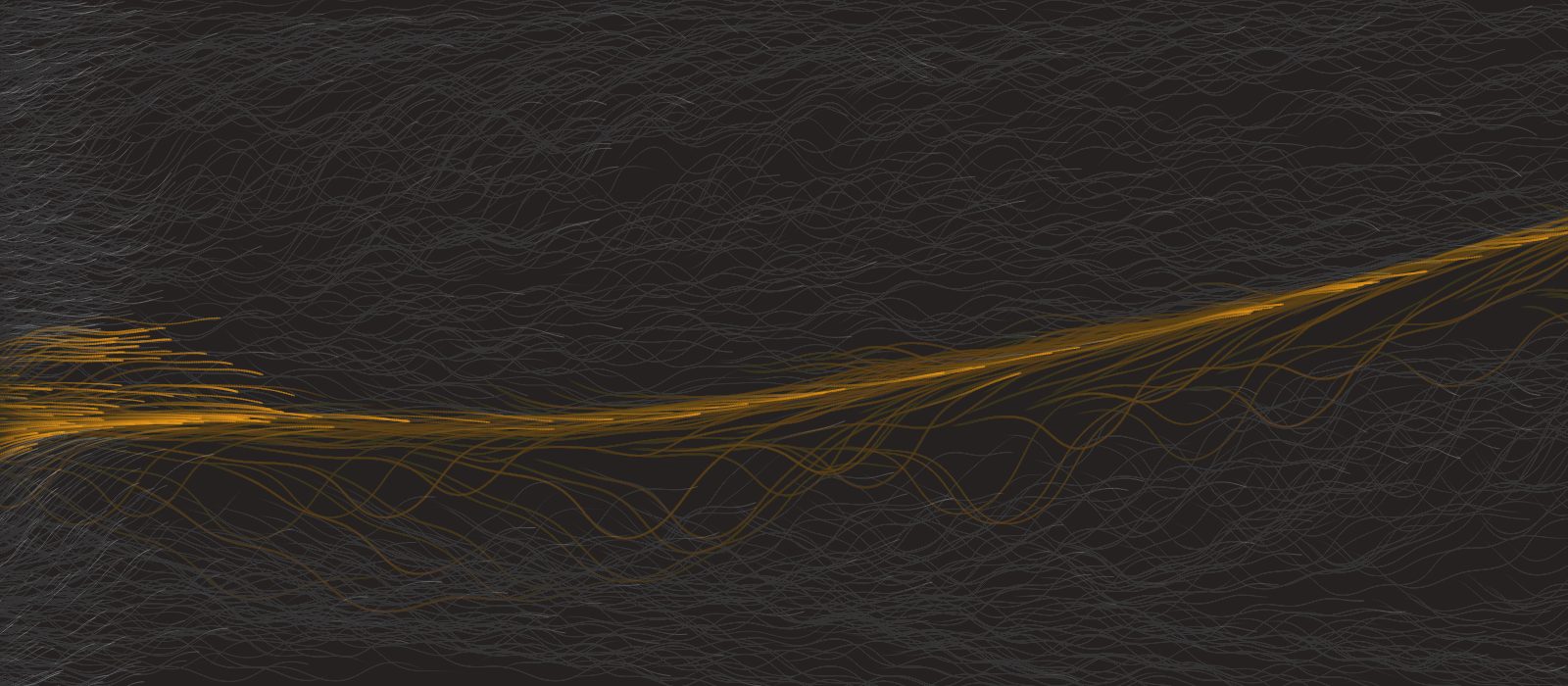 Still from The Current, Riparian's generative artwork: hundreds of fine pale threads drifting across a dark ground, gathered into one slate-blue current.